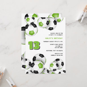 bright green soccer balls kids birthday invitation