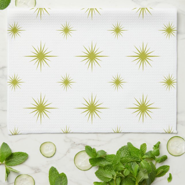 Bright Green Starburst Pattern Retro Mid Century Kitchen Towel (Folded)