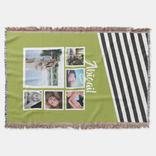 Bright Green Striped Personalized Photo Collage Throw Blanket