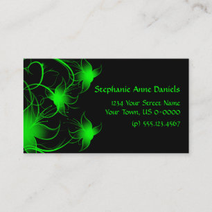 Bright Green Swirly Flowers on Black Business Card