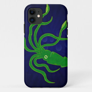 Bright green textured squid in a blue ocean iPhone 11 case