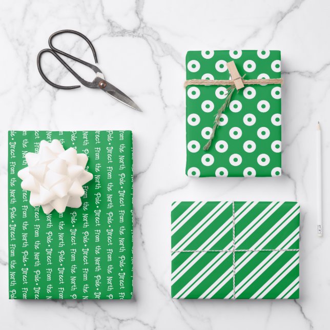 Bright Green & White Coordinated Christmas Wrapping Paper Sheet (Front)