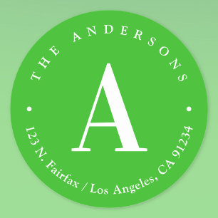 Bright Green & White Monogram Return Address Classic Round Sticker