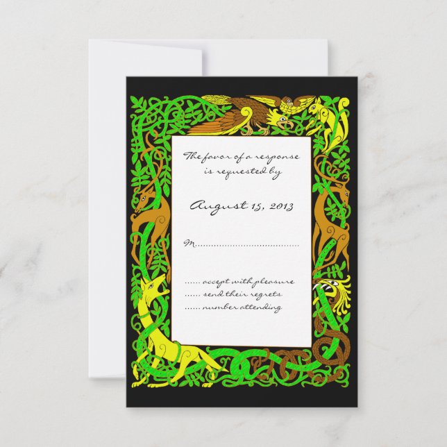 Bright Greens Celtic Animals Design Wedding RSVP (Front)