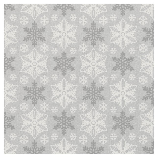 Bright Grey and Winter White Snowflake Pattern Fabric (Close Up)