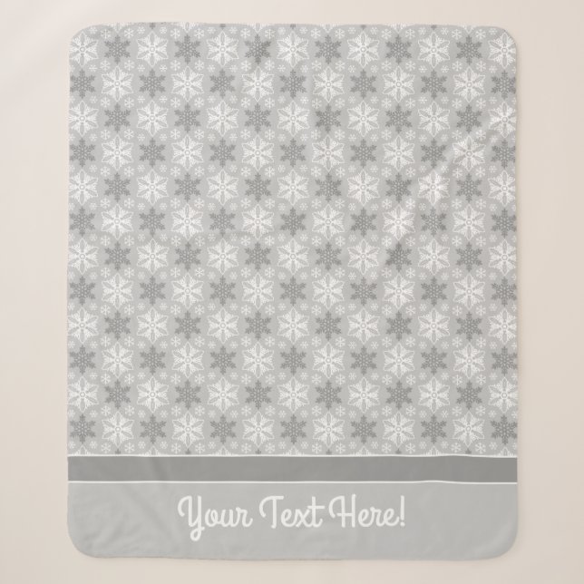 Bright Grey and Winter White Snowflake Pattern Sherpa Blanket (Front)