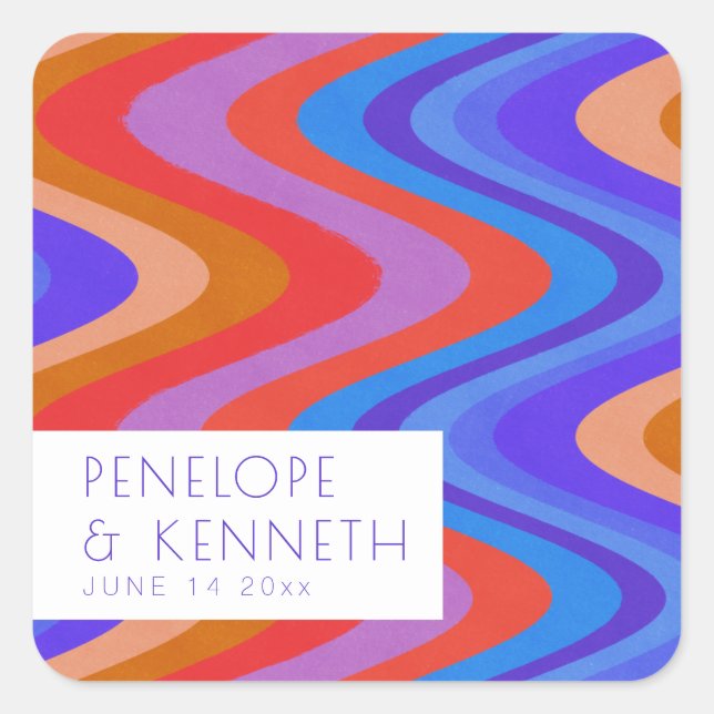 Bright Groovy Retro Blue Purple Wedding Custom  Square Sticker (Front)