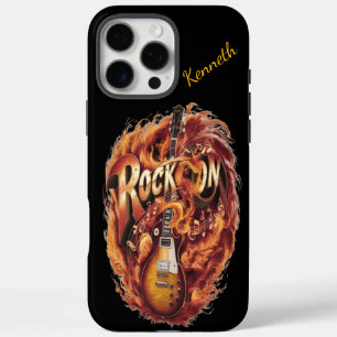 Bright guitar surrounded by flames and music notes iPhone 16 pro max case