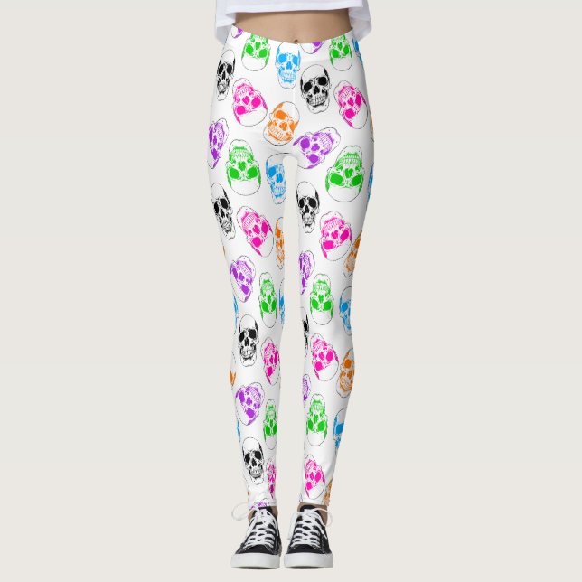 Bright Halloween Colourful Skull Leggings (Front)