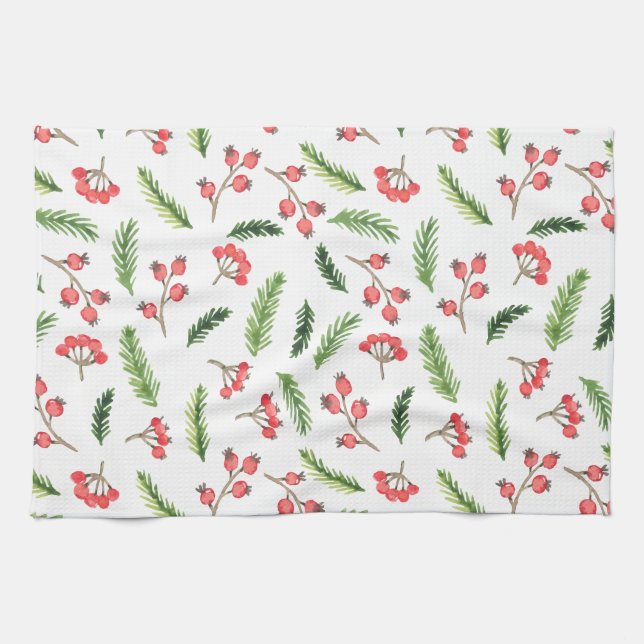 Bright Hand Drawn Christmas Mistletoe Pattern Kitchen Towel (Horizontal)