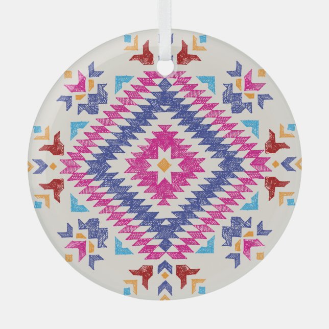 Bright Hand-Drawn Tribal Design Element. Glass Ornament (Front)
