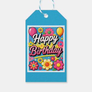 Bright Happy Birthday Flowers and Balloons Blue Gift Tags