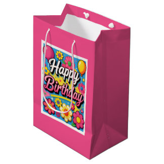 Bright Happy Birthday Flowers and Balloons Medium Gift Bag