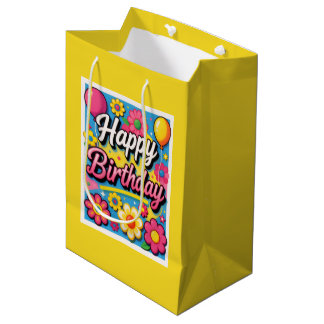 Bright Happy Birthday Flowers and Balloons Yellow Medium Gift Bag