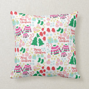 Bright Happy Christmas Pattern Throw Pillow