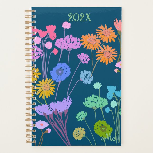 Bright Happy Colourful flowers Dark Teal+Initials Planner (Front)