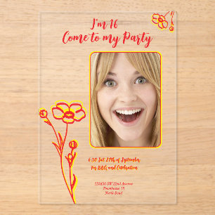 Bright Happy Red & Yellow Flower 16th Birthday Acrylic Invitations