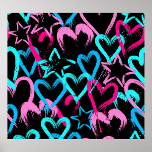 Bright hearts and stars, seamless pattern. poster