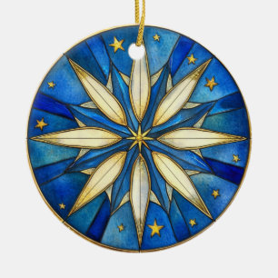 BRIGHT HOLIDAY BLUE AND GOLD STAR SHAPE CERAMIC ORNAMENT