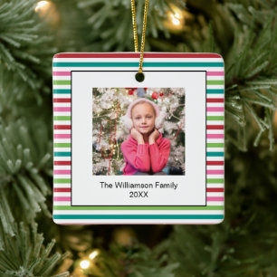 Bright Holiday Christmas Stripes Photo Template Ceramic Ornament