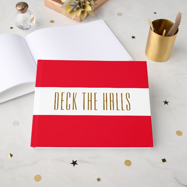 Bright Holiday Red White Stripes "DECK THE HALLS" Guest Book (Front Open)