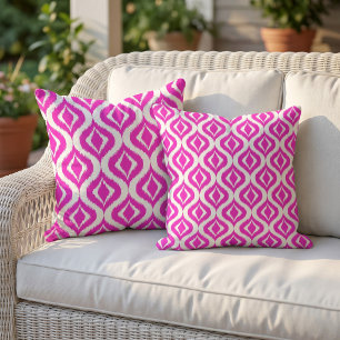 Bright Hot Neon Pink Retro Chic Ikat Ogee Pattern Outdoor Pillow