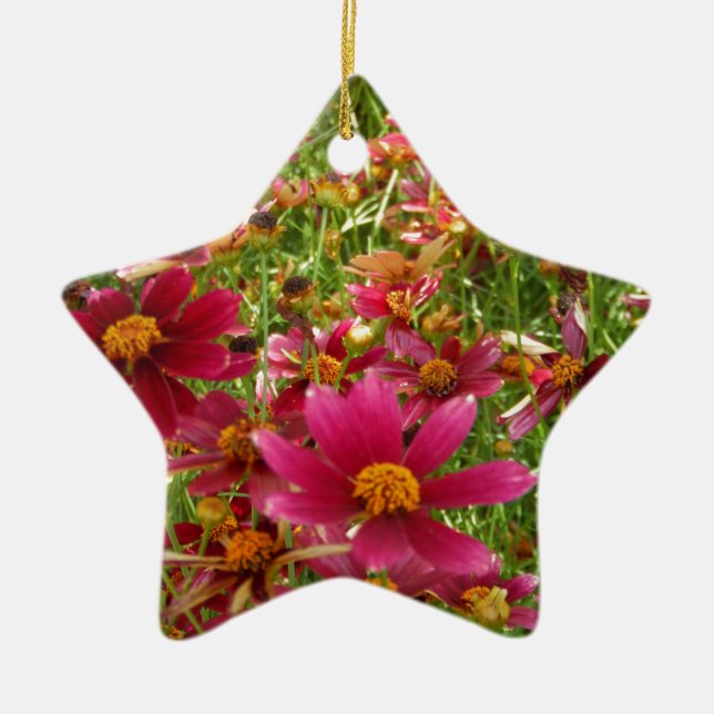 Bright Hot Pink and Yellow Daisy flowers Ceramic Ornament (Front)
