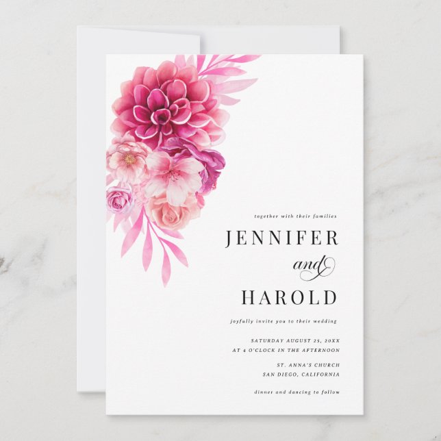 Bright Hot Pink Floral QR Code All in One Wedding Invitation (Front)
