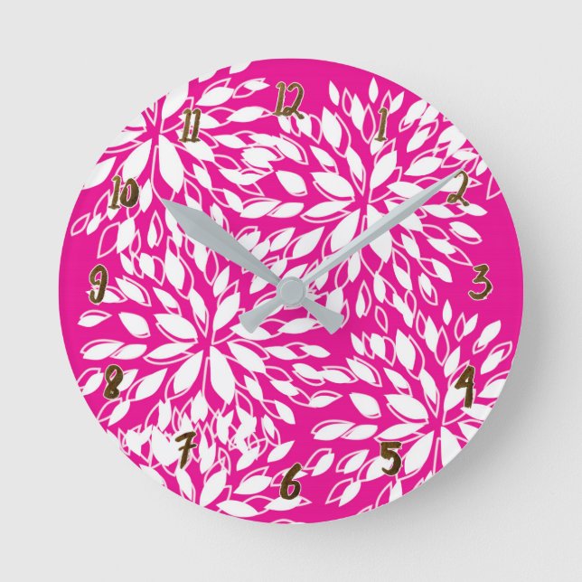 Bright Hot Pink Modern Floral Personalized Round Clock (Front)