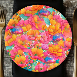 Bright Hot Pink Orange Floral Disco Ball Birthday Paper Plate