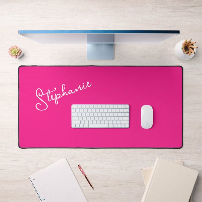 Bright Hot Pink Personalized Script Name Stylish  Desk Mat (Office 1)