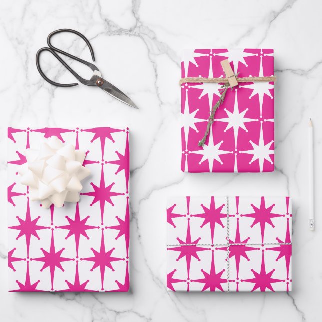Bright Hot Pink Retro Starburst Pattern Wrapping Paper Sheet (Front)