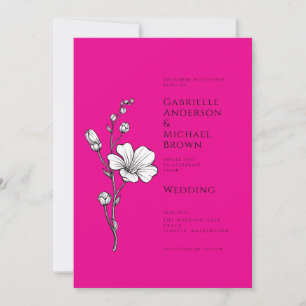 Bright Hot PINK Vintage Retro Floral Wedding  Invitation