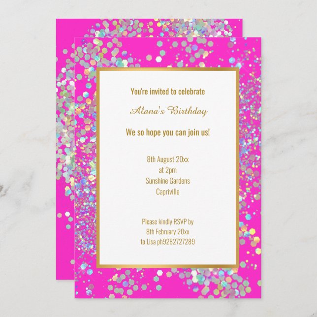 BRIGHT HOT PINK WHITE HOLOGRAPHIC SPOT  INVITATION (Front/Back)