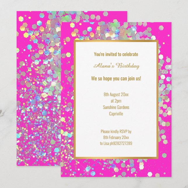 BRIGHT HOT PINK WHITE HOLOGRAPHIC SPOT  INVITATION (Front/Back)