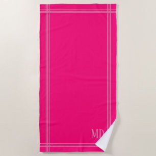 Bright Hot Pink with Pink Stripes Custom Initials Beach Towel