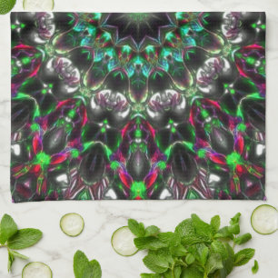 Bright hue on dark in medallion-style kaleidoscope kitchen towel
