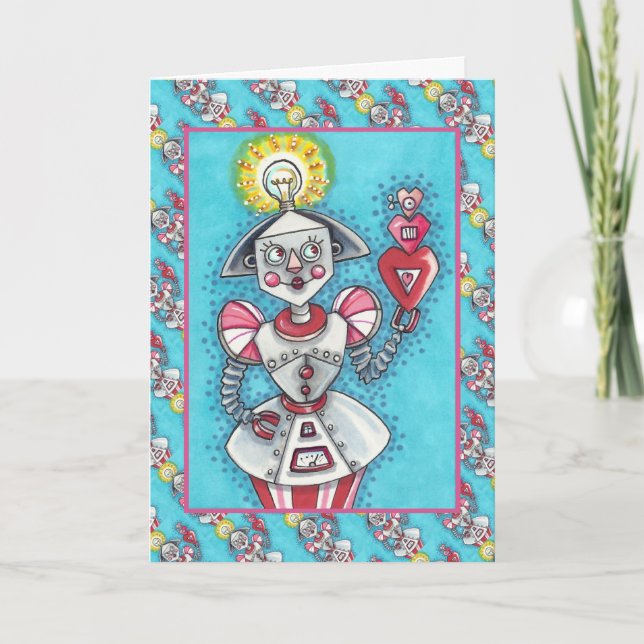BRIGHT IDEA GIRL ROBOT, COLORFUL MECHANICAL HEARTS HOLIDAY CARD (Front)