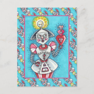 BRIGHT IDEA GIRL ROBOT, COLORFUL MECHANICAL HEARTS HOLIDAY POSTCARD