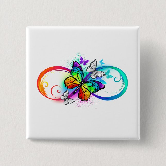 Bright infinity with rainbow butterfly 2 inch square button (Front)