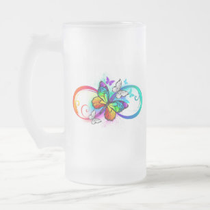 Bright infinity with rainbow butterfly frosted glass beer mug