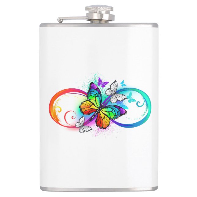 Bright infinity with rainbow butterfly hip flask (Front)