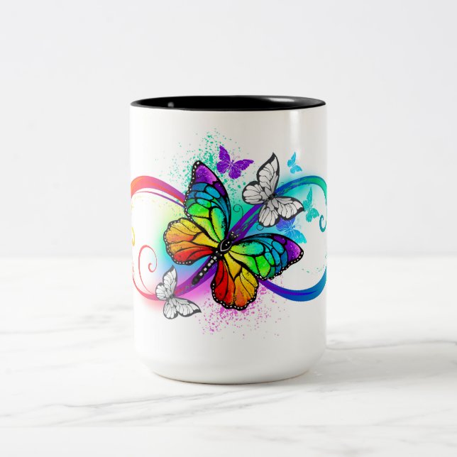 Bright infinity with rainbow butterfly Two-Tone coffee mug (Center)