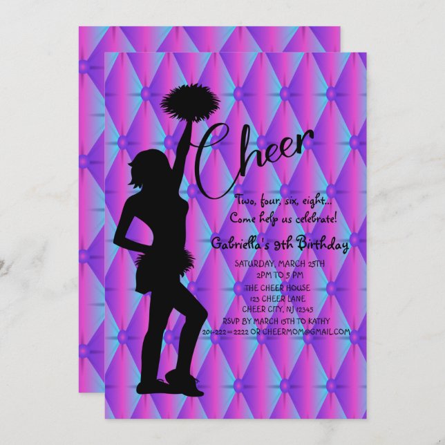 Bright Iridescent Silouhette Cheerleader Birthday Invitation (Front/Back)