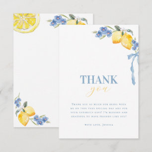 Bright Italian Blue Bow Lemon Floral Bridal Shower Thank You Card
