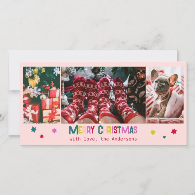 Bright & Joyful Merry Christmas 3 Photo Blush Pink Holiday Card (Front)
