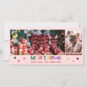 Bright & Joyful Merry Christmas 3 Photo Blush Pink Holiday Card