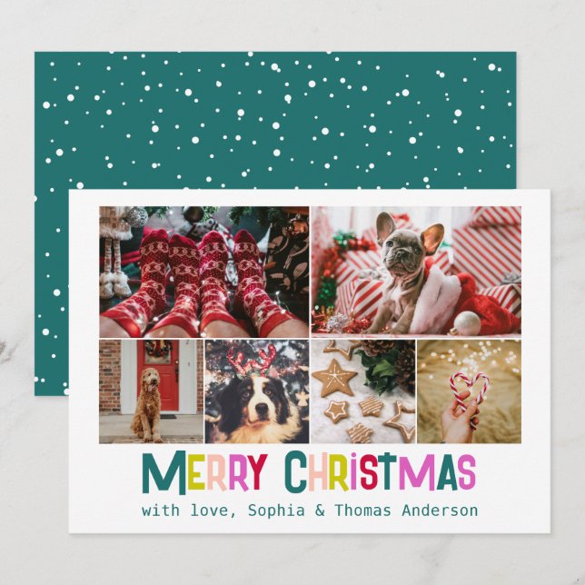 Bright & Joyful Merry Christmas 6 Photo Pine Green Holiday Card (Front/Back)