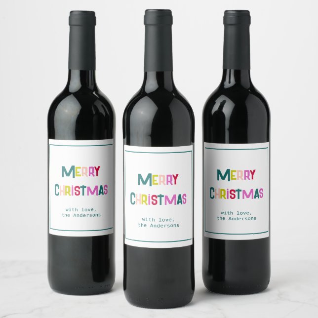 Bright & Joyful Merry Christmas Pine Green Wine Label (Bottles)