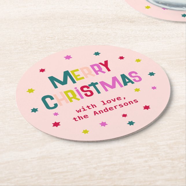 Bright & Joyful Modern Merry Christmas Blush Pink Round Paper Coaster (Angled)